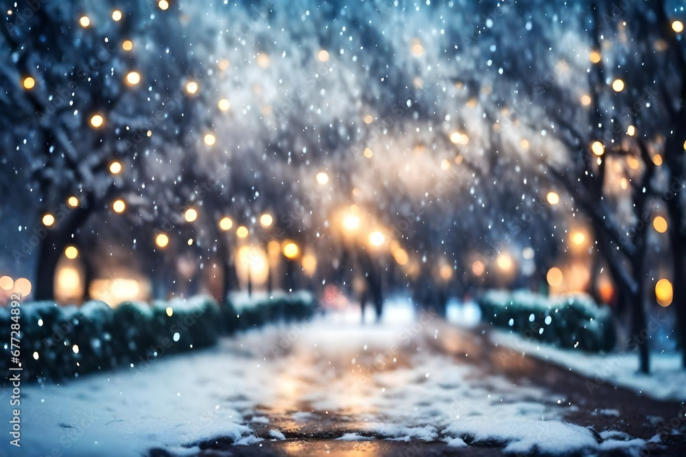 Gorgeously blurred city park with Christmas lights and snowfall during a happy night or evening. Defocused Christmas abstract background.