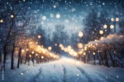 Gorgeously blurred countryside lane with Christmas lights and snowfall during a happy night or evening. Defocused Christmas abstract background.