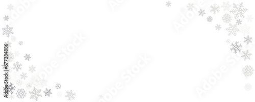 Christmas snowflakes frame background. Winter silver snow falling minimal decoration, greeting card. Noel subtle backdrop. Vector illustration