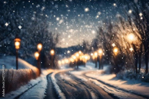 Gorgeously blurred countryside lane with Christmas lights and snowfall during a happy night or evening. Defocused Christmas abstract background.