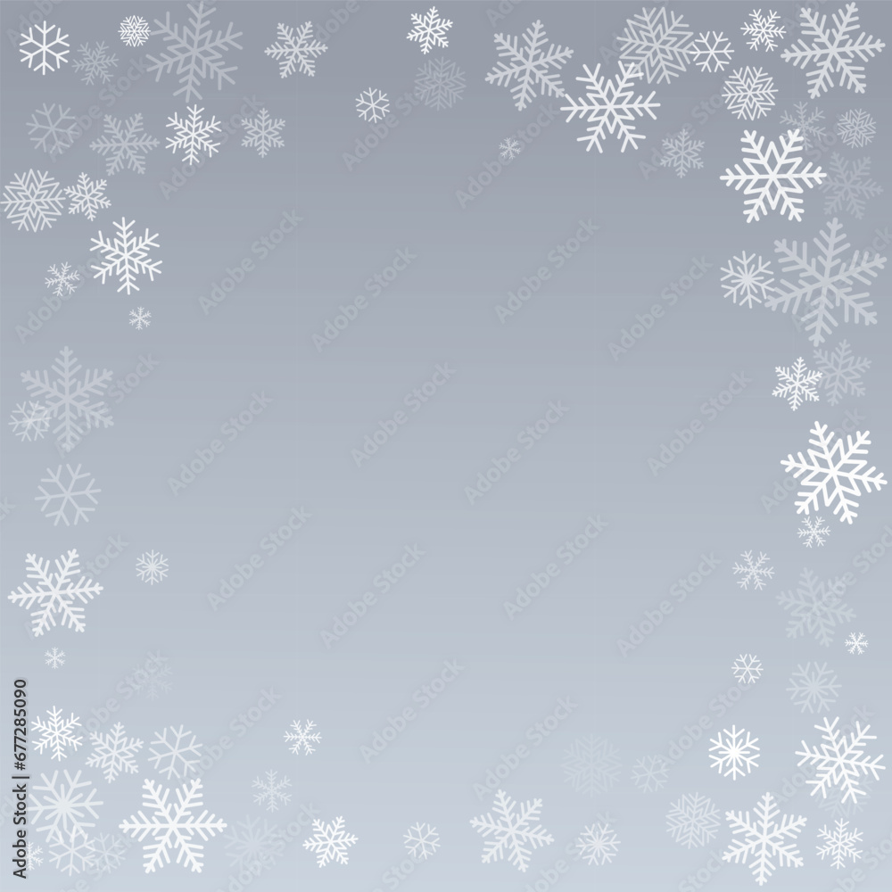 Christmas snowflakes frame background. Winter silver snow falling minimal decoration, greeting card. Noel subtle backdrop. Vector illustration Christmas snowflakes frame background. Winter silver snow falling minimal decoration, greeting card. Noel subtle backdrop. Vector illustration