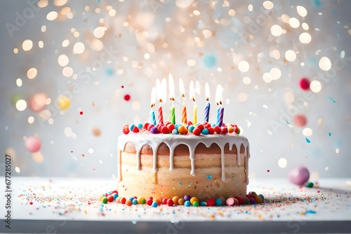 Sprinkle-covered birthday cake on a white table, minimalist design with luminous bokeh