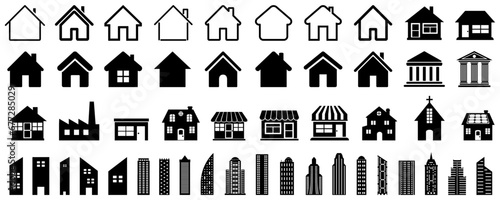 House icons, collection home sign, big set of buildings, flat style houses in outline and line design, real estate - stock vector