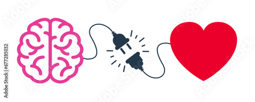 Brain and heart connected with cable, self control concept, connect heart feeling with logical thinking brain, connection between heart and mind, control feeling and emotion, emotional Intelligence