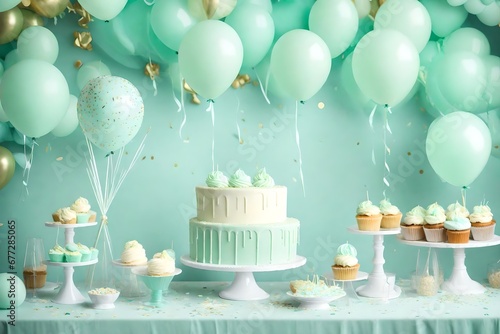 Light mint dessert table with balloons and confetti, baby shower concept for a boy.