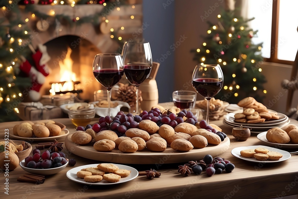 Mesa navideña, con galletas y pan, exquisitos bocadillos, para la cena de navidad, con copas de vina, ambiente agradable, calida, romantico 