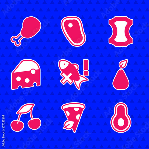 Set No fish, Vegan pizza slice, Avocado fruit, Pear, Fresh berries, Cheese, Leather and Chicken leg icon. Vector