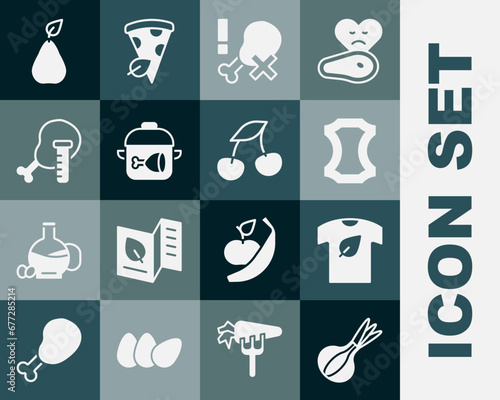 Set Onion, Vegan shirt, Leather, No chicken leg, Cooking pot and, Genetically modified, Pear and Fresh berries icon. Vector