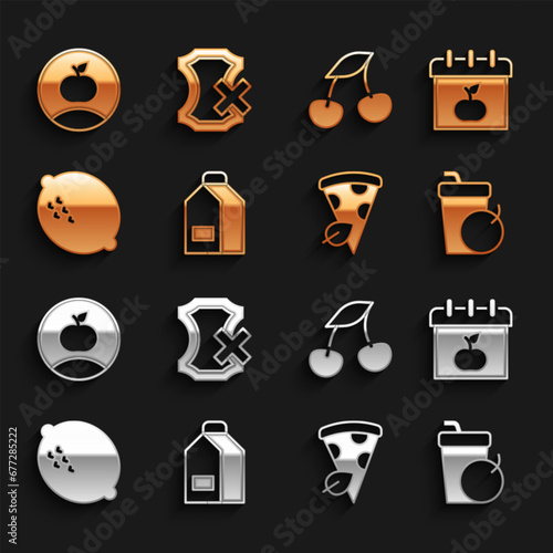 Set Paper package for milk, World Vegetarian day, Fresh smoothie, Vegan pizza slice, Lemon, berries, Apple and No leather icon. Vector