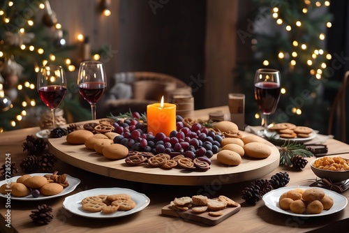 Mesa navideña, con galletas y pan, exquisitos bocadillos, para la cena de navidad, con copas de vina, ambiente agradable, calida, romantico 