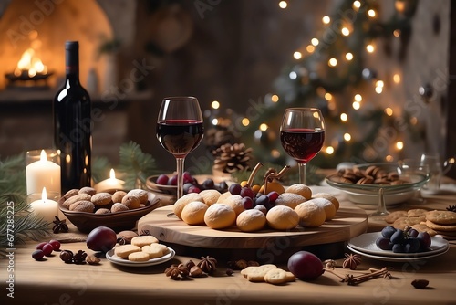 Mesa navideña, con galletas y pan, exquisitos bocadillos, para la cena de navidad, con copas de vina, ambiente agradable, calida, romantico 