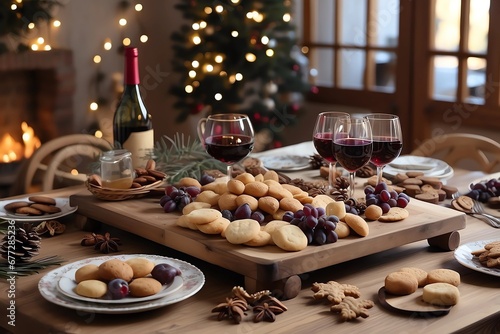 Mesa navideña, con galletas y pan, exquisitos bocadillos, para la cMesa navideña, con galletas y pan, exquisitos bocadillos, paena de navidad, con copas de vina, ambiente agradable, calida, romantico 