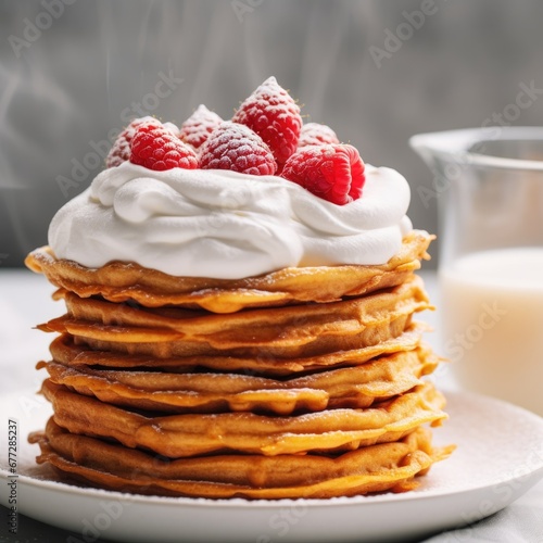 A stack of pancakes topped with whipped cream and raspberries