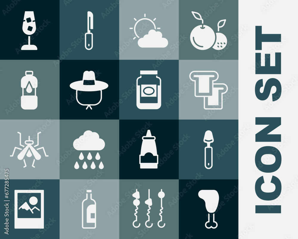 Set Chicken leg, Spoon, Bread toast, Sun and cloud weather, Camping hat, Bottle of water, Wine glass and Jam jar icon. Vector Set Chicken leg, Spoon, Bread toast, Sun and cloud weather, Camping hat, Bottle of water, Wine glass and Jam jar icon. Vector