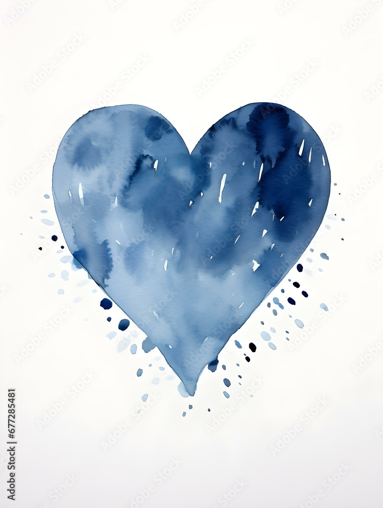 Drawing of a Heart in navy blue Watercolors on a white Background. Romantic Template with Copy Space