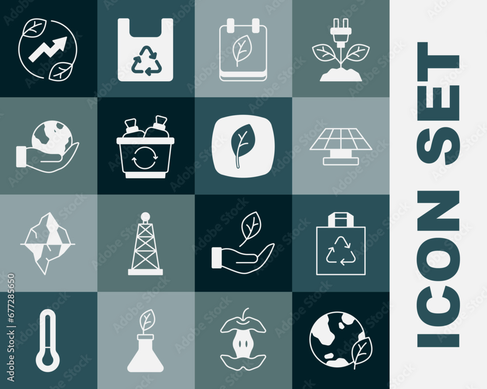 Set Earth globe and leaf, Shopping bag with recycle, Solar energy panel, Calendar autumn leaves, Recycle bin, Hand holding, Electric saving plug and Leaf Eco symbol icon. Vector Set Earth globe and leaf, Shopping bag with recycle, Solar energy panel, Calendar autumn leaves, Recycle bin, Hand holding, Electric saving plug and Leaf Eco symbol icon. Vector