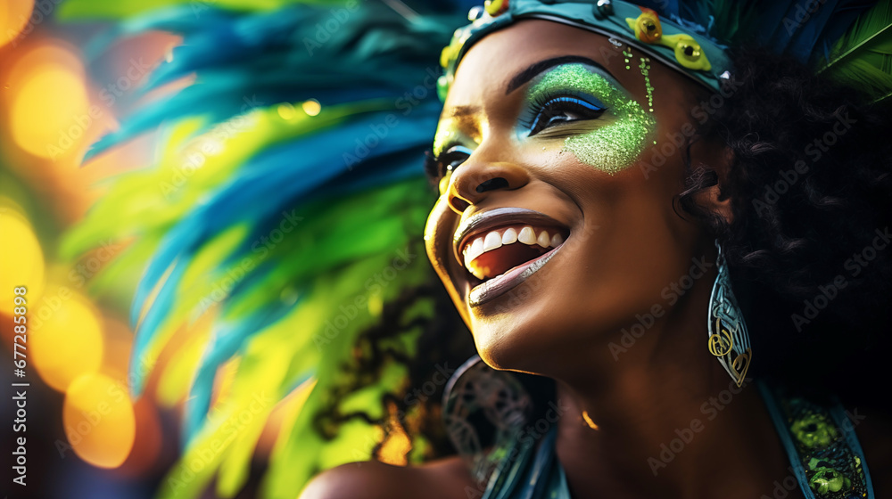 An atmospheric photo of a dazzling hypnotic samba dancer at the Rio Carnival celebrations