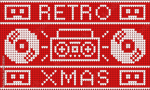 Retro pattern in the form of embroidery on a sweater with a boombox, vinyl records and cassettes, retro Christmas. Concept of a Christmas sweater pattern with winter holidays vector ornaments