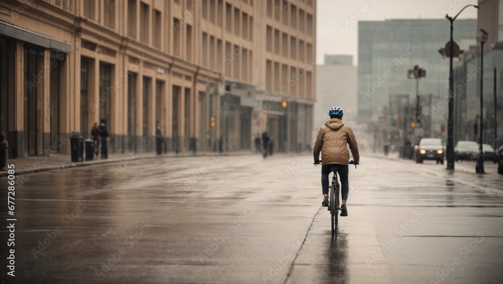 A lone cyclist navigating a city street in a minimalistic style. Emphasize the lines of the bicycle and the urban environment against a clean background. With copy space.