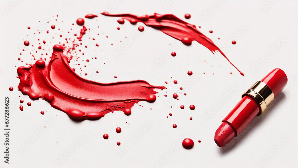 Red lipstick on a white background with splashes of red paint. Red lipstick on a white background with splashes of red paint.