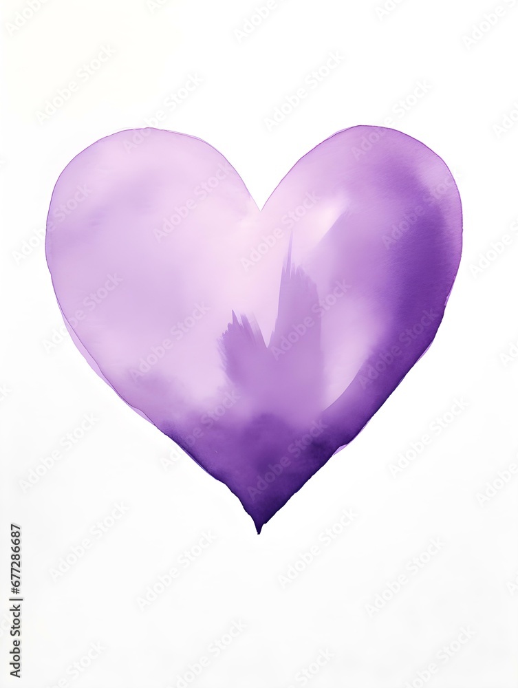 Drawing of a Heart in purple Watercolors on a white Background. Romantic Template with Copy Space