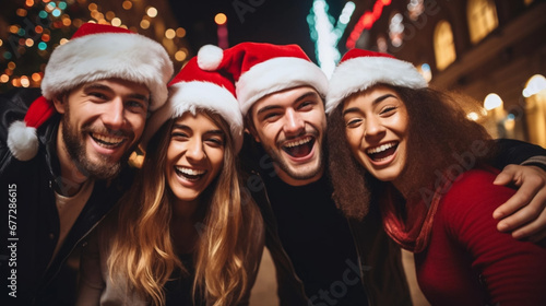 copy space, stockphoto, friends wearing santa claus hat celebrating Christmas night together in city street, Group of young people having new year party outside, Winter holidays concept.