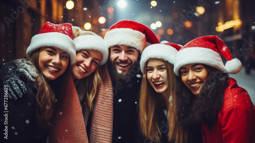 copy space  stockphoto  friends wearing santa claus hat celebrating Christmas night together in city street  Group of young people having new year party outside  Winter holidays concept.