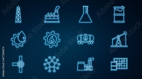 Set line Oil price increase, pump or pump jack, petrol test tube, industrial factory building, rig with fire, railway cistern and icon. Vector