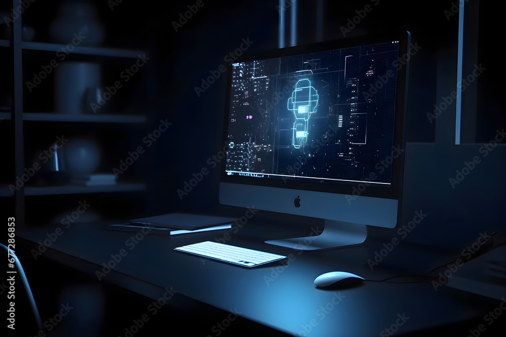 Cyber security concept with symbols on computer monitor. 3d rendering