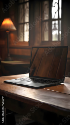 Laptop on a wooden table in a cafe. Close up © Muhammad