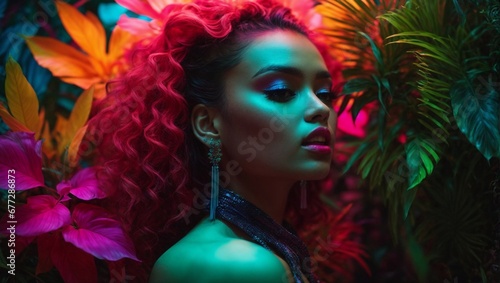 Beautiful supermodel in vibrant and surreal jungle where plants glow with neon hues. The juxtaposition of natural forms and artificial colors in this electrifying and fantastical environment. 