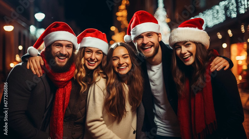 copy space, stockphoto, friends wearing santa claus hat celebrating Christmas night together in city street, Group of young people having new year party outside, Winter holidays concept.