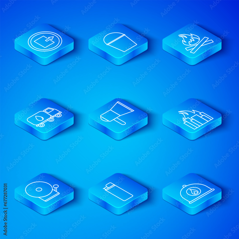 Set line Ringing alarm bell, Megaphone, Lighter, Fire burning buildings, Campfire, Water delivery truck, exit and Firefighter helmet icon. Vector Set line Ringing alarm bell, Megaphone, Lighter, Fire burning buildings, Campfire, Water delivery truck, exit and Firefighter helmet icon. Vector