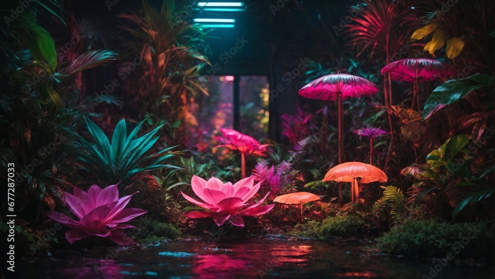 Interior with vibrant and surreal jungle where plants glow with neon ...