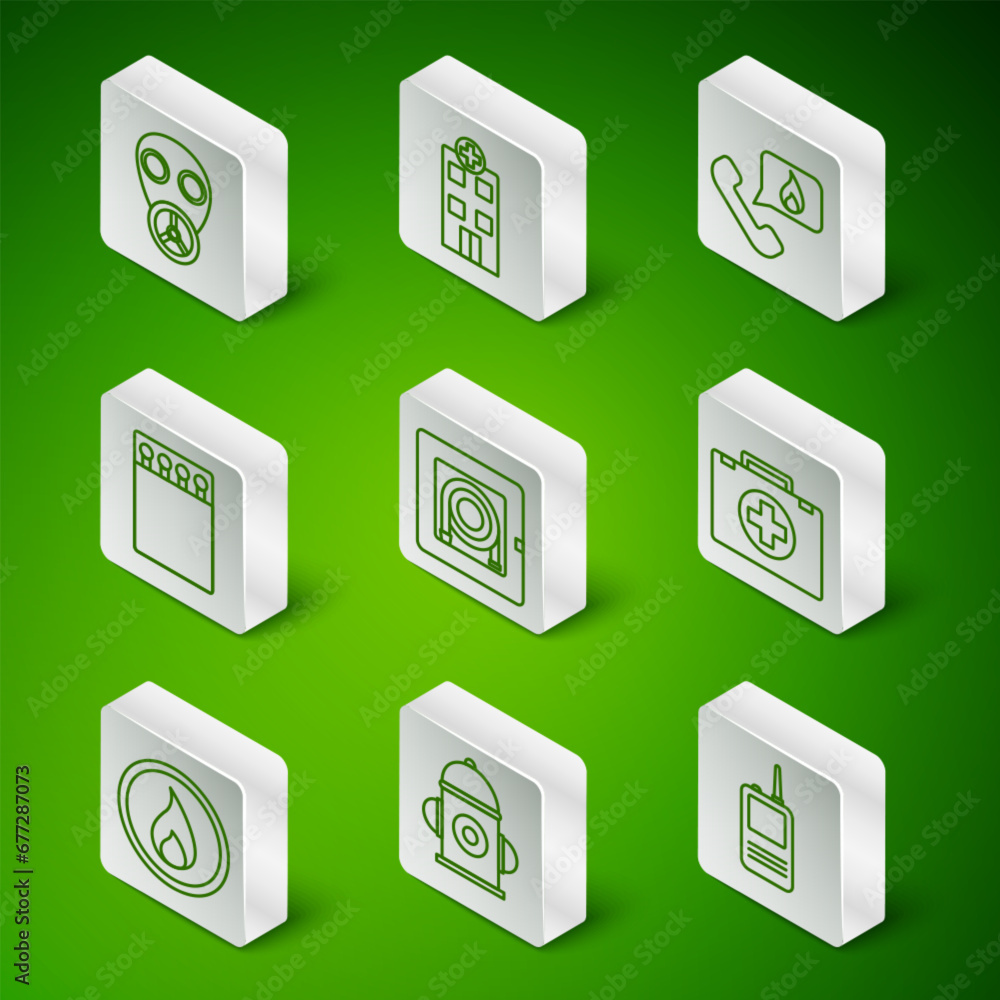 Set line Walkie talkie, Fire hydrant, Gas mask, hose cabinet, Open matchbox and matches, Medical hospital building, flame and First aid kit icon. Vector Set line Walkie talkie, Fire hydrant, Gas mask, hose cabinet, Open matchbox and matches, Medical hospital building, flame and First aid kit icon. Vector