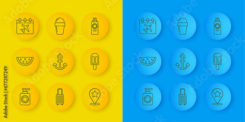 Set line Sunscreen spray bottle, Watermelon, Anchor, Map pointer with star, Ice cream, Calendar and airplane, and waffle cone icon. Vector