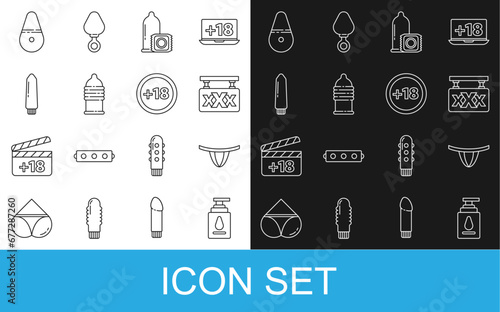 Set line Personal lubricant, Woman panties, Sex shop, Condom, safe sex, Dildo vibrator, and Plus 18 movie icon. Vector