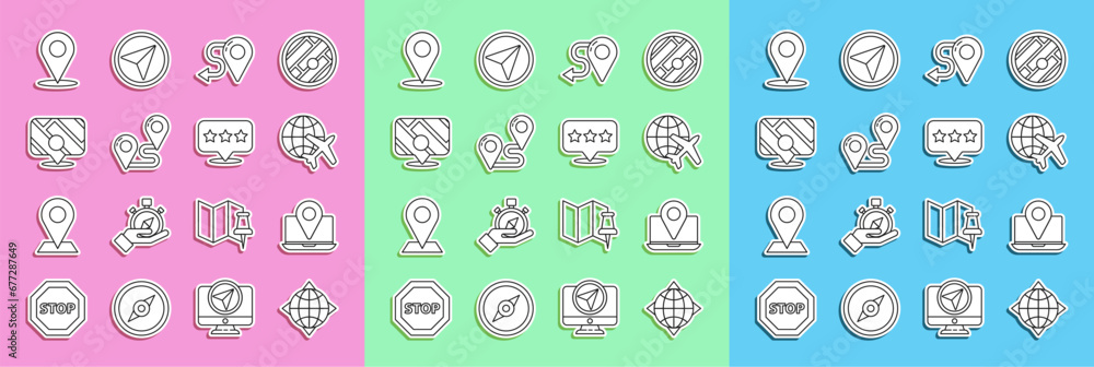 Set line World globe with compass, Laptop location marker, Globe flying plane, Route, Infographic of city map navigation, Location and Map pointer star icon. Vector Set line World globe with compass, Laptop location marker, Globe flying plane, Route, Infographic of city map navigation, Location and Map pointer star icon. Vector