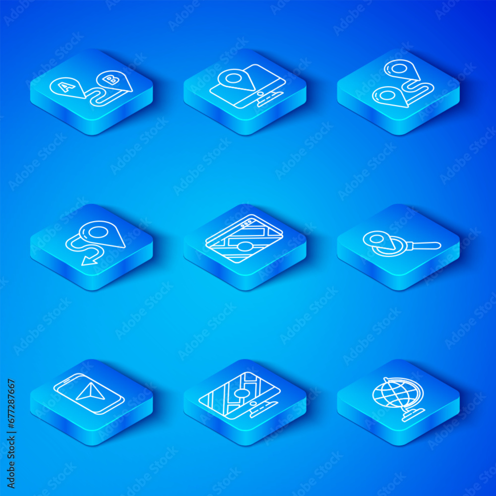Set line City map navigation, Infographic of city, Monitor with location marker, Search, Route, and Earth globe icon. Vector Set line City map navigation, Infographic of city, Monitor with location marker, Search, Route, and Earth globe icon. Vector