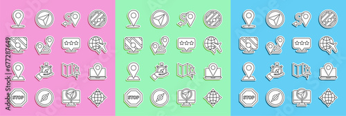 Set line World globe with compass, Laptop location marker, Globe flying plane, Route, Infographic of city map navigation, Location and Map pointer star icon. Vector