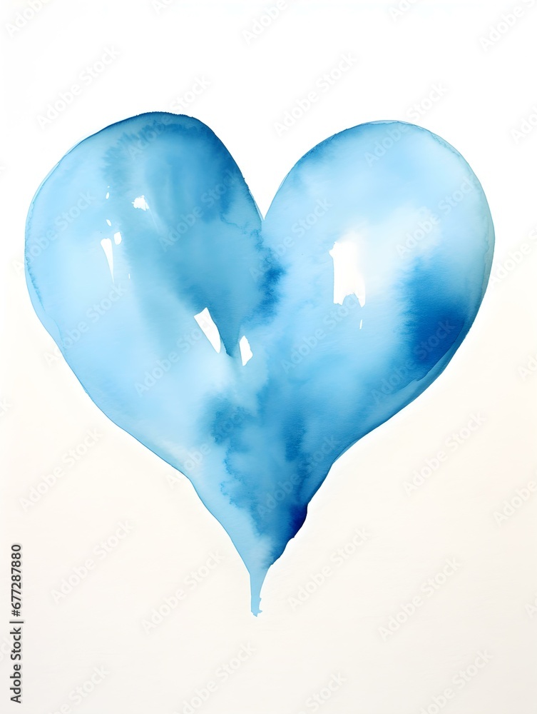 Drawing of a Heart in sky blue Watercolors on a white Background. Romantic Template with Copy Space