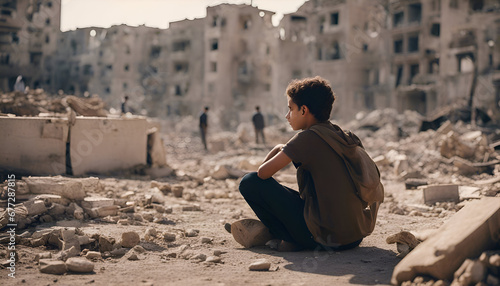 Young man sitting on the ground in the middle of the abandoned city