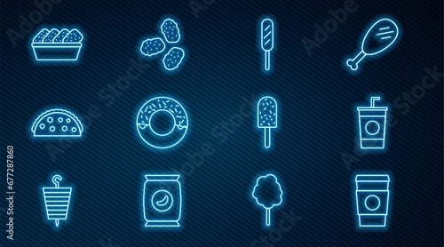 Set line Coffee cup to go, Paper glass with straw, Corn dog, Donut, Taco tortilla, Chicken nuggets in box, Ice cream and icon. Vector