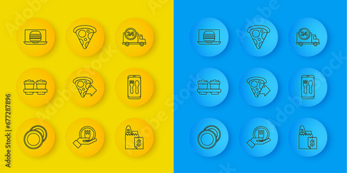 Set line Plate, Coffee cup to go, Online ordering pizza delivery, and, burger, Fast by car and Slice icon. Vector
