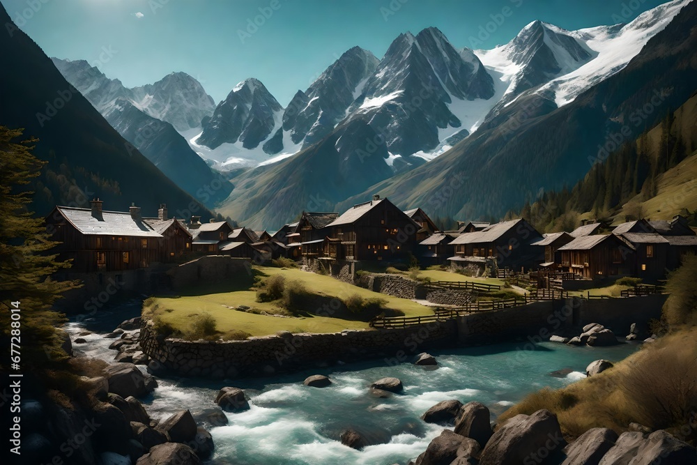 A village nestled at the base of a majestic mountain, with snow-capped peaks towering above and a clear stream winding through.