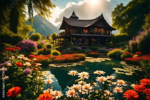 Capture the serene beauty of a breathtaking flower garden  with a picturesque lake and a charming hut nestled in the backdrop of nature s splendor.