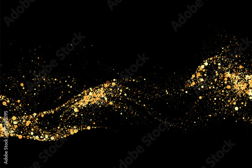 Gold glitter texture on a black background. Abstract gold colored particles  glitter confetti flow. Festive background.