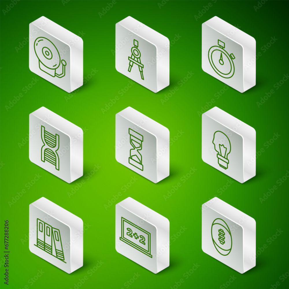 Set line American Football ball, Chalkboard, Ringing alarm bell, Old hourglass with sand, DNA symbol, Drawing compass, Office folders and Light bulb concept of idea icon. Vector Set line American Football ball, Chalkboard, Ringing alarm bell, Old hourglass with sand, DNA symbol, Drawing compass, Office folders and Light bulb concept of idea icon. Vector