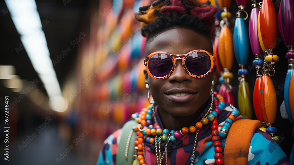 Portrait of a afro american man wearing colored sunglasses in a culturally diverse style, ai generated