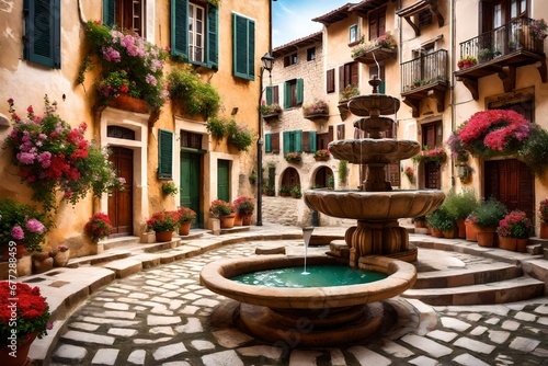 A traditional village square, featuring a charming fountain surrounded by historic buildings with flower-filled balconies. © Rafay Arts